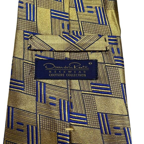 Oscar de la Renta Mens Necktie Tie Gold Blue Geometric Silk Couture Collection - Picture 4 of 8